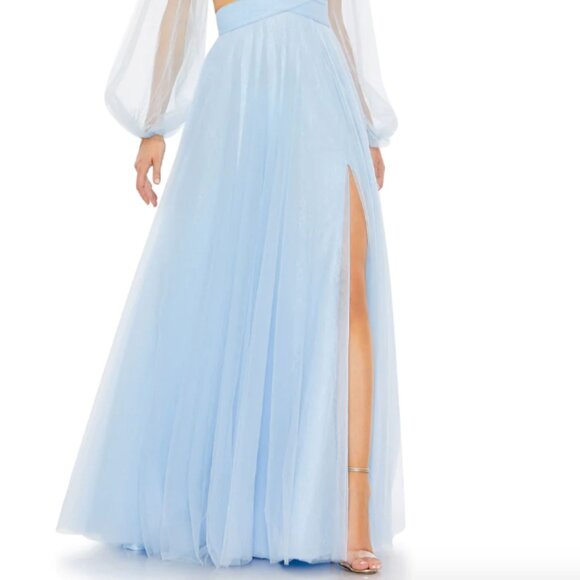 MAC DUGGAL 50662 TULLE PUFF SLEEVE CUTOUT LACE UP A-LINE ICE BLUE GOWN sz 2 - Picture 3 of 8